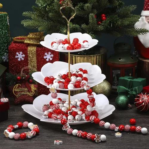Miniatura 5 de Misdary 200 piezas de cuentas navideñas para manualidades, cuentas navideñas de madera, rojas y blancas, caramelo de menta, jengibre para joyería