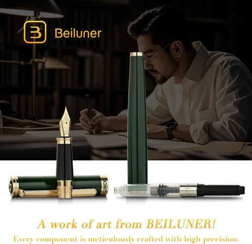 Miniatura 6 de BEILUNER Pluma Estilográfica Verde Racing, Impresionantes Plumas de Lujo con Acabado de Oro de 24K, Hermosa Plumilla Dorada de 24K (Fina), Regalo