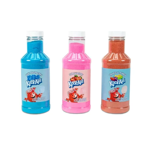 Nostalgia Kool-Aid - Kit variado de algodón de azúcar – 3 sabores de azúcar de hilo dental (frambuesa azul, fresa, ponche tropical) – Botellas de 7