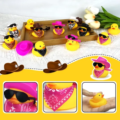 Miniatura 3 de 12 piezas Pato de Vaquero con Sombrero y Gafas de Sol Mini Juguetes de Patitos para Regalo de Fiesta de Cumpleaños de Natación