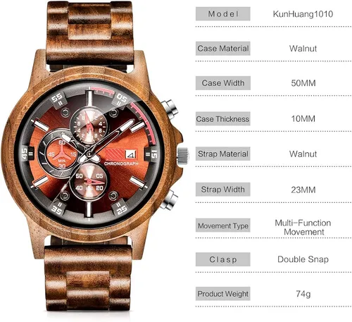 Miniatura 5 de Relojes de madera para hombre, relojes de pulsera casuales de cuarzo de madera para hombres, regalos