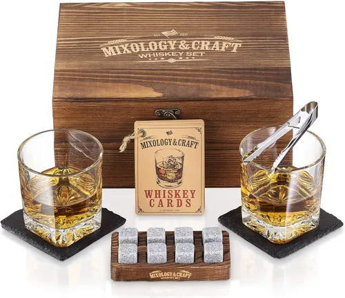 Mixology & Craft Juego de regalo de piedras de whisky, dos vasos de whisky de cristal de 10 onzas, 8 rocas frías de granito, 2 posavasos de pizarra,