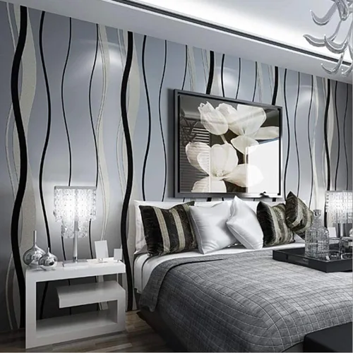 DAWEI Papel tapiz moderno minimalista de estilo nórdico geométrico de ondas, no tejido, rayas verticales en blanco y negro, dormitorio, sala de