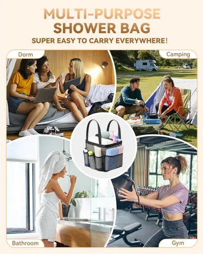 Miniatura 6 de Temede Cesta de ducha de malla, cesta grande de ducha, portátil, bolsa de aseo colgante de secado rápido, organizador de baño con asa y 8 bolsillos