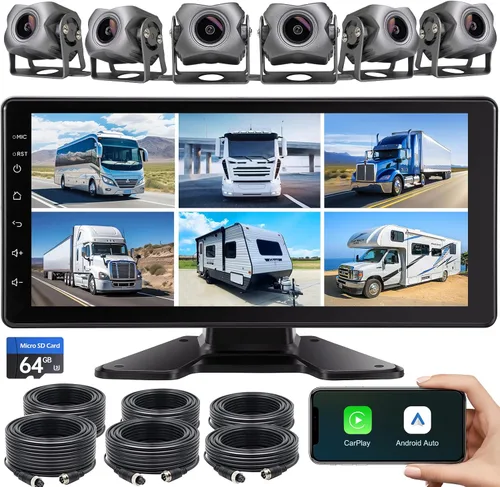 Sistema de cámara de respaldo de 6 canales 1080P Dash Cam con pantalla táctil de 10.33 pulgadas, monitor de estacionamiento, cámara de respaldo de