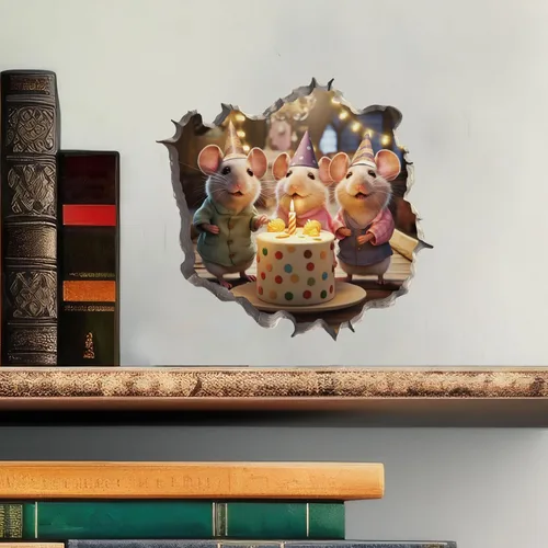 Miniatura 2 de Adhesivo de pared 3D con agujero de ratón de cumpleaños con agujero de ratón