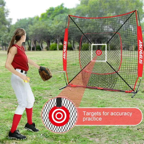 Miniatura 4 de Red de práctica de sóftbol de béisbol de 6 x 6 pies, red de lanzamiento, red de bateo, con zona de golpe de bonificación, objetivo y marco de arco