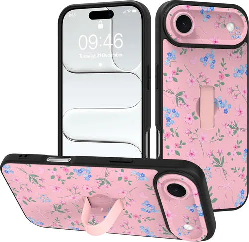 Miniatura 132 de Funda diseñada para iPhone 17 Pro Max con soporte plegable y correa para dedos, bonito patrón de lazo de corazón de flor rosa para mujeres y niñas