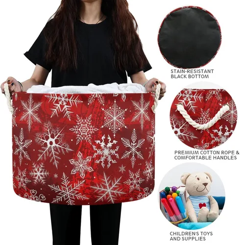 Miniatura 6 de Cesta de almacenamiento grande de Navidad con patrón rojo de copos de nieve para juguetes, ropa, caja de almacenamiento de ropa sucia, bolsa Patrón 5