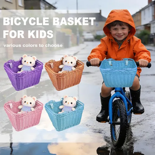 Miniatura 2 de Cesta de bicicleta para niños y niñas, cesta de scooter para niños, bonita cesta cuadrada de mimbre para niños y niñas, manillar desmontable con Azul