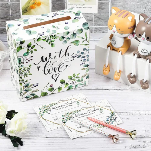 Miniatura 6 de Outus Caja de 51 tarjetas de boda con hojas de salvia con tarjetas de consejos, caja de tarjetas de despedida de soltera, cajas de sobre