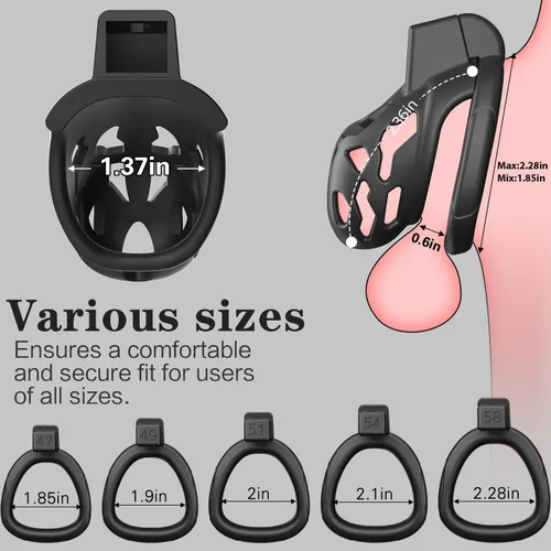 Miniatura 2 de Jaula de castidad masculina, dispositivos de castidad pequeños con anillos de 5 tamaños y bloqueo invisible para hombre, equipo de bondage