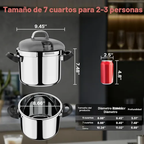 Miniatura 7 de Olla de presión de acero inoxidable, cerradura giratoria con una sola mano, compatible con gas e inducción, cocción rápida para comidas grandes