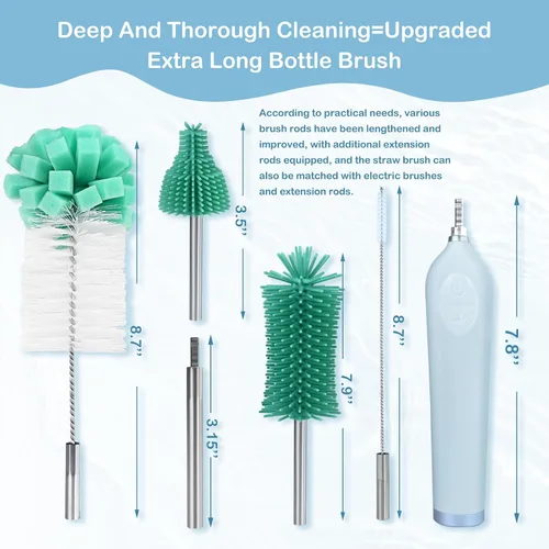 Miniatura 6 de Limpiador eléctrico de cepillo de botellas con soporte, limpiador automático recargable de botellas de agua con mango de extensión de acero