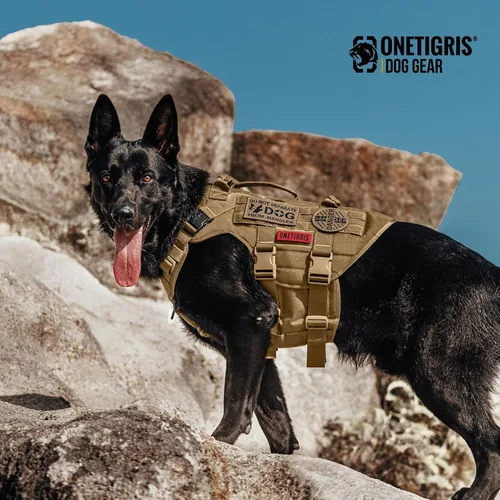 Miniatura 7 de OneTigris Chaleco táctico grande para perros, arnés de perro ajustable sin tirones, arnés de perro resistente con asa, paneles grandes de gancho