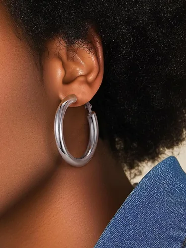 Miniatura 3 de Aretes de aro gruesos de acero inoxidable para mujer, minimalistas y elegantes, chapados en negrooro, aretes redondos hipoalergénicos, tamaño 1.181