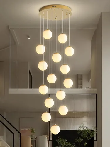 Miniatura 9 de ykolupty Escalera LED de 10 luces LED moderna con globo de cristal, lámpara colgante grande para techos altos, accesorios de iluminación de entrada