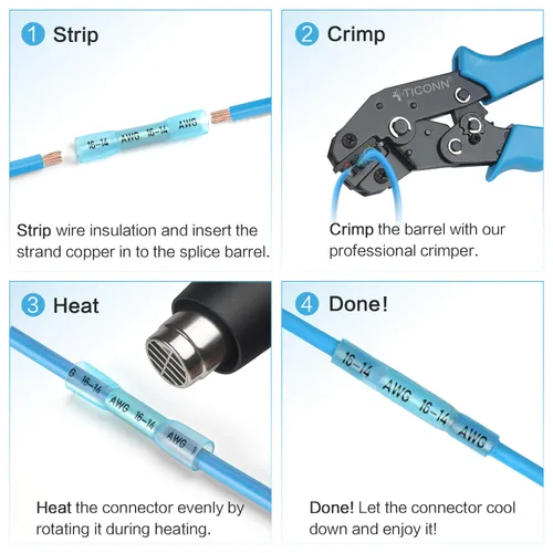 Miniatura 3 de TICONN Kit de 200 Conectores de Cable a Tope Termorretráctiles, Terminales de Crimpado de Cable Eléctrico Aislados e Impermeables, Empalme a Tope