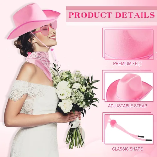 Miniatura 3 de 12 sombreros de vaquero con bandana para Halloween, cosplay, disfraz de vaquera, sombrero para boda, novia, dama de honor, hombres y mujeres, rosa