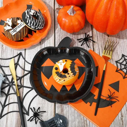 Miniatura 3 de Juego de vajilla de fiesta de Halloween, 72 piezas, platos de papel con temática de calabaza naranja y negra, vasos, servilletas, vajilla desechable