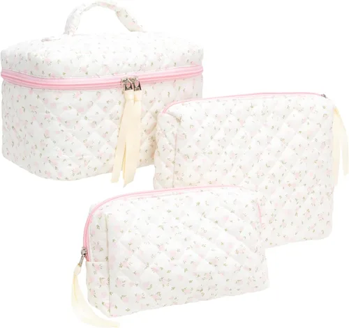 Miniatura 48 de PAZIMIIK - Bolsa de maquillaje de algodón para mujer, grande, acolchada para viaje, Rosa (Bow Pink), Vintage