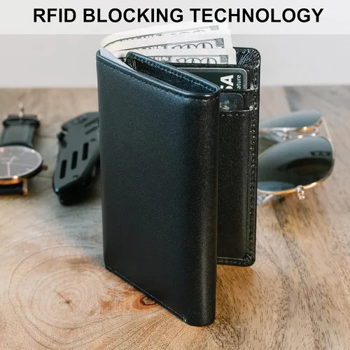 Miniatura 5 de STAY FINE Billetera de cuero RFID triple para hombre con identificación abatible, soporte delgado para tarjetas de capacidad extra, listo