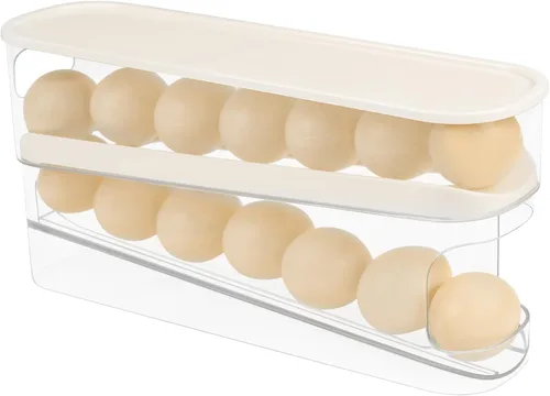 Dispensador automático de huevos enrollable para organizador de refrigerador con tapa, 12 unidades de doble capa para almacenamiento de huevos en