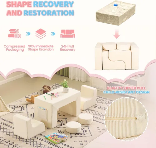 Miniatura 5 de JOYMOR Sofá modular de juegos para niños, juego de sofá de espuma de pana convertible de 6 piezas, fuerte de construcción para niños pequeños