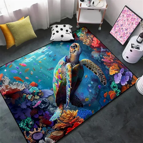 Miniatura 20 de Alfombra de tortuga marina con estampado de animales marinos y animales marinos, alfombra con estampado de tortugas marinas, para niños y niñas