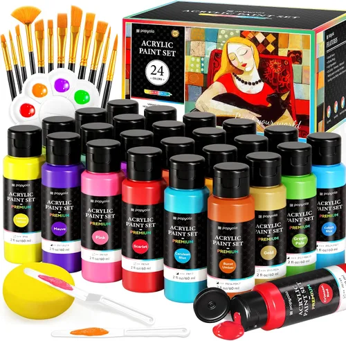 Miniatura 10 de Juego de 64 pinturas acrílicas con 12 pinceles, 2 cuchillos y paleta, 48 colores (2oz/60ml) Pintura artesanal para adultos, niños, artistas
