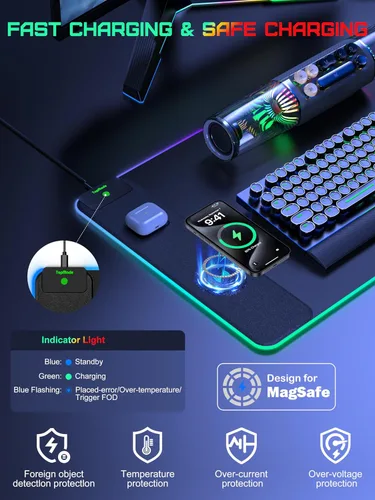 Miniatura 3 de TopMade Alfombrilla de Mouse de Carga Inalámbrica, Alfombrilla de Mouse para Juegos RGB, Alfombrilla de Escritorio para Oficina en Casa, 31.5" x RGB