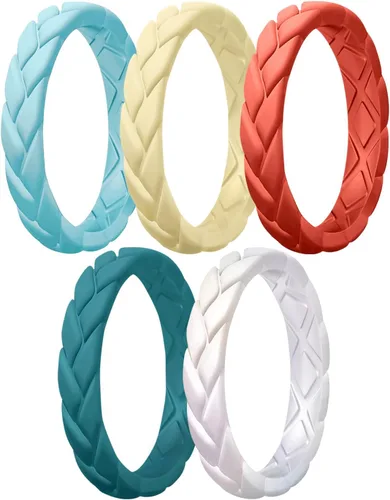 Miniatura 20 de Egnaro Anillos de boda de silicona para ella, conjuntos de novia de goma para mujer, bandas finas, diseño trenzado de hojas apilables con ranuras