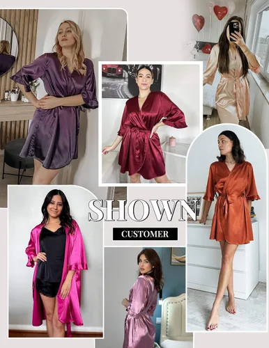 Miniatura 6 de Ekouaer Bata de satén para mujer, lencería de San Valentín para mujer, kimono, bata corta con volantes, cinturón, ropa de dormir para damas de honor