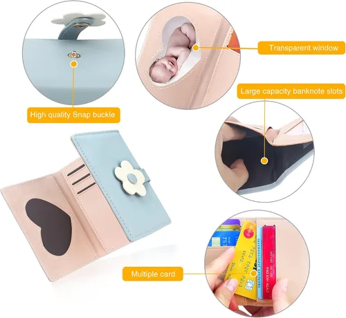 Miniatura 41 de CONISY Lindas carteras para mujer, de cuero con bloqueo RFID, pequeña cartera triple con ventana de identificación para niñas y mujeres