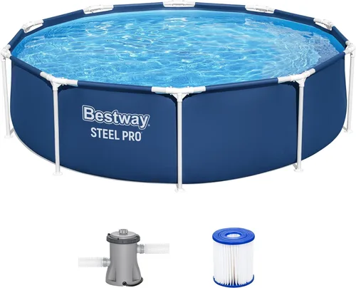 Bestway Steel Pro - Juego de piscina redonda de 10 pies x 30 pulgadas con marco sobre el suelo, para exteriores, con bomba de filtro de 330 GPH, azul