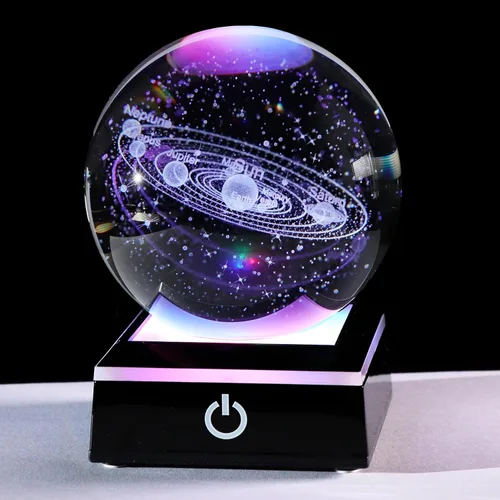 Miniatura 10 de Figura de bola de cristal grabada en 3D de conejo y estrellas de luna de 3.15 pulgadas con base de luz LED, decoración de esfera de conejo