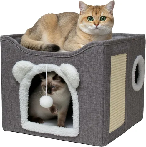 Casas para gatos de interior, cueva de cama grande para gatos, caja de cubo para gatitos, condominio para gatos con almohadilla rascadora, bola