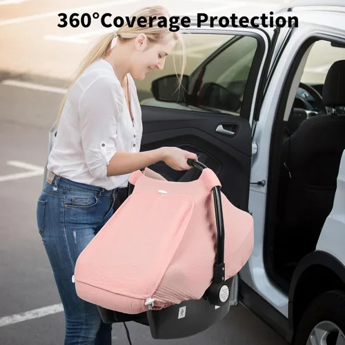 Miniatura 5 de Rquite Funda de asiento de automóvil para bebé, fundas de asiento de automóvil para niña y niño, algodón muselina transpirable, ventana de malla Rosa