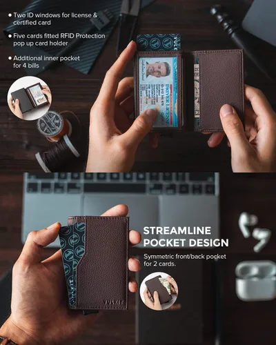 Miniatura 3 de VULKIT Tarjetero con ventana de identificación tarjetas emergentes cartera delgada de cuero con protección RFID hasta 12 tarjetas Marrón oscuro