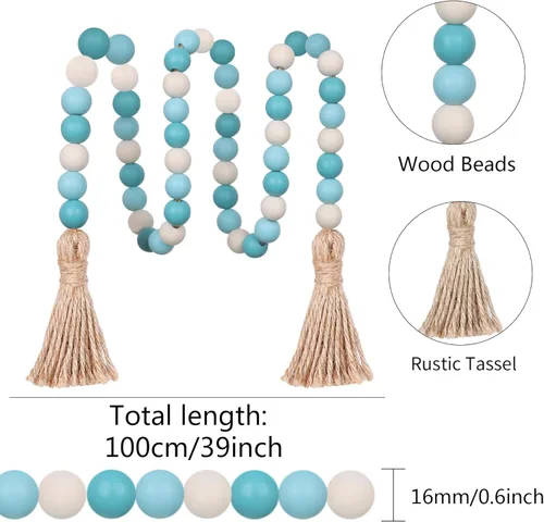 Miniatura 6 de Meplait Guirnalda de cuentas de madera, guirnalda de cuentas de estilo rústico de 99 cm con borlas, cuentas boho para bandejas escalonadas, cuentas