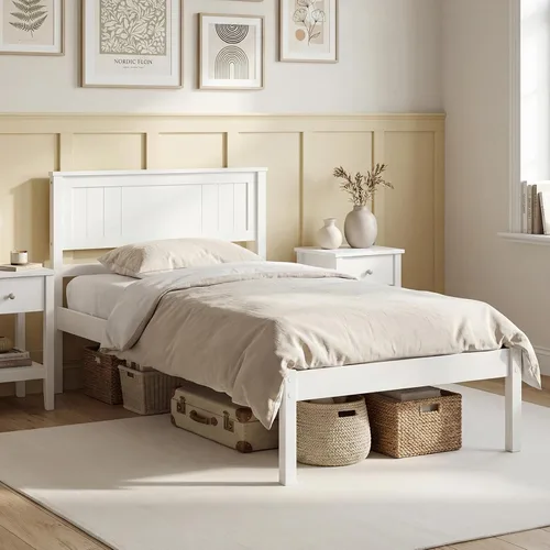 Miniatura 12 de Giantex Base de cama individual con cabecero, cama de plataforma de madera maciza con soporte de listones de madera, cama individual