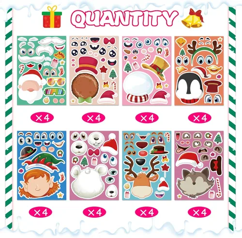 Miniatura 3 de Make-a-face - Adhesivo de Navidad para niños, 32 hojas para mezclar y combinar con Papá Noel, reno, pingüino, oso polar y elfo, manualidades