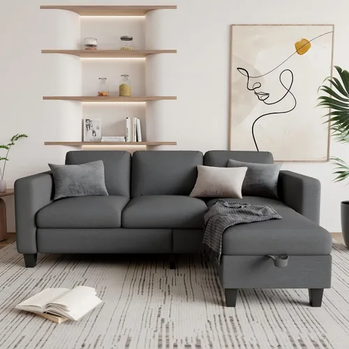 Miniatura 7 de Grzyhem Camillas seccionales para sala de estar, sofá convertible en forma de L, sofá moderno de lino gris de 3 plazas, sofás de 78 pulgadas