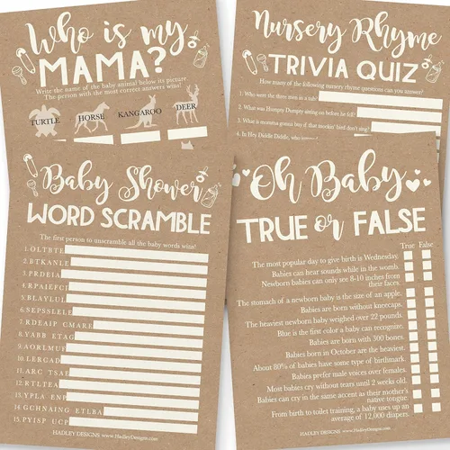 Hadley Designs 25 palabras rústicas para baby shower, 25 juegos verdaderos o falsos, 25 juegos de animales para bebés, 25 juegos de rimas para
