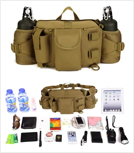Miniatura 8 de Riñonera táctica con 2 bolsillos para botella de agua, riñoneras militares, impermeable, para caza, senderismo, correr, Negro -, Riñonera
