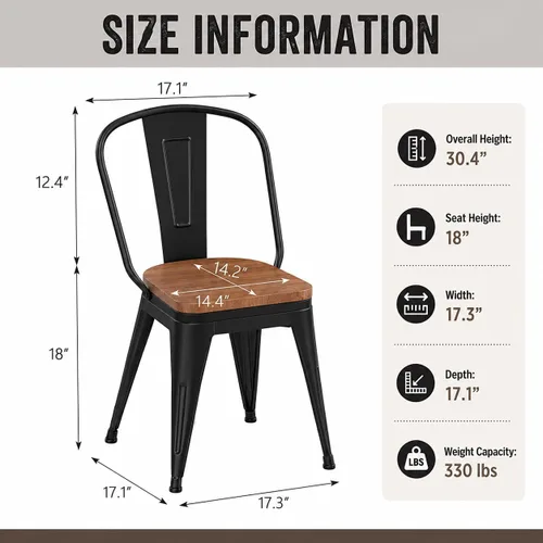 Miniatura 3 de Sillas de comedor de metal de 18 pulgadas, juego de 4 sillas de granja Arlunar, sillas de comedor negras apilables con respaldo y asiento de madera