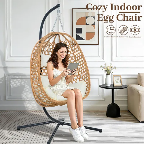 Miniatura 4 de Silla colgante de huevo con soporte y cojines, silla oscilante de ratán para todo tipo de clima para patio, balcón, jardín