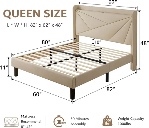 Miniatura 2 de iPormis Base de cama tamaño Queen con estación de carga, marco de cama de plataforma de lino con cabecera tapizada con respaldo de ala, soporte