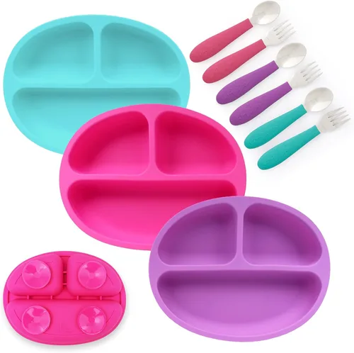 Elk and Friends Plato de Succión de Silicona para Bebés/Niños Pequeños + Juego de Alimentación de Cubiertos de Acero Inoxidable | Plato Dividido |