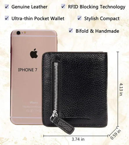 Miniatura 5 de BIG SALE-AINIMOER billetera de bolsillo pequeña con cremallera, plegable, compacta de cuero con bloqueo por identificación por radiofrecuencia